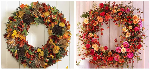 Декоративний осінній вінок з ягодами та квітами на двері