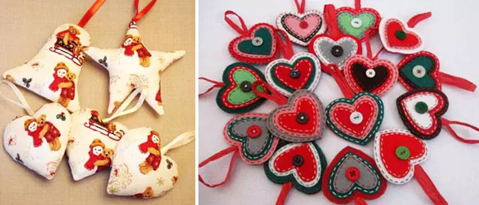 Фото новорічні іграшки ручної роботи сердечка фетр з бісером, ґудзиками, стрічками